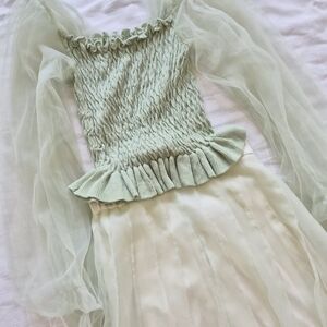 Japanese Brand snidel Light Green Strechy Top With Mesh Sleeve And Mesh Skirt